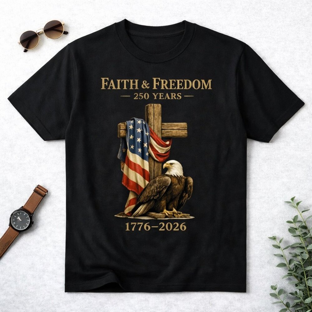 Faith & Freedom 250 Years 1776-2026 Eagle Cross Graphic Tee, Patriotic USA Shirt